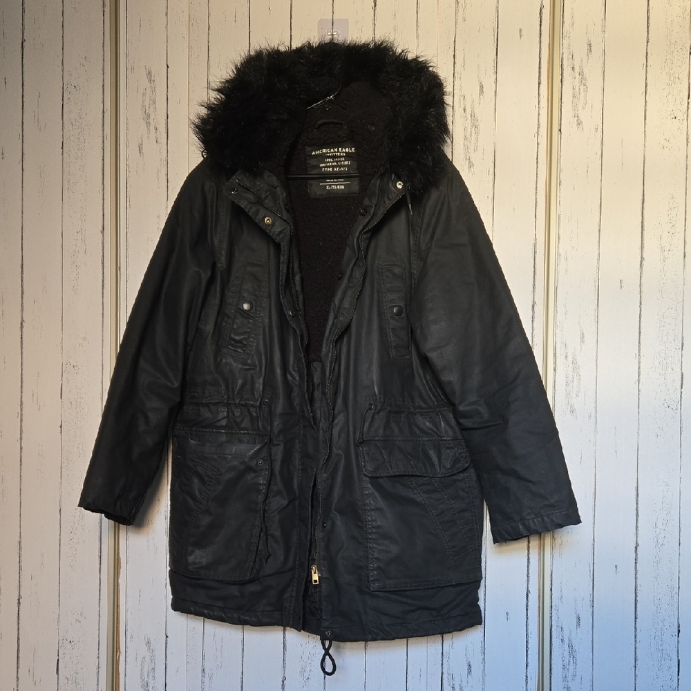 Black Winter Parka with Faux Fur Hood